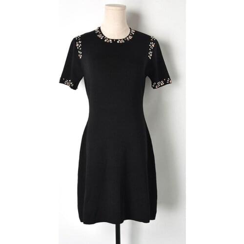 Elegant Knitted Summer Dress Women 2019 Luxury Beading O-neck Short Sleeve Knee-Length Black Dress Office Ladies Pencil Dresses