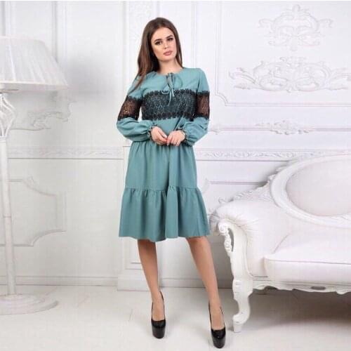 Women Vintage Lace Patchwork Ruffles A-line Dress Long Sleeve Bow Neck Solid EleganT Casual Dress 2021 Spring New Fashion Dress