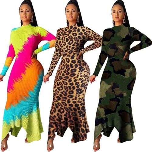 Women Winter Bodycon Long Maxi Dress Striped Leopard camouflage Print Knitted Sexy Club Night Party Full Sleeve Dresses K8862