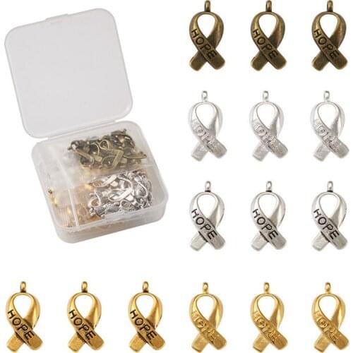 100pcs/box Breast Cancer Awareness Ribbon Carved Word Hope Tibetan Style Alloy Message Pendants for Jewelry Making