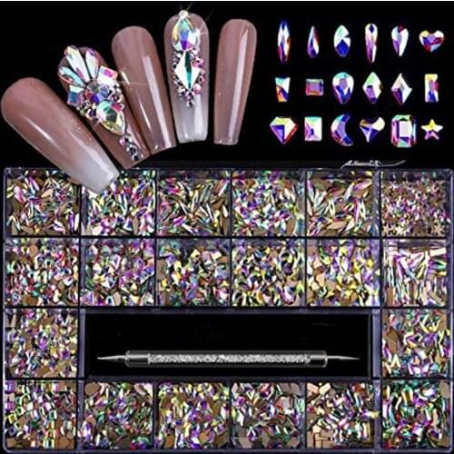 1000 Pcs Mix Crystal Nails 20 Styles Flatback Rhinestone Crystals 3D Decorations Flat Back Stones Gems Set Rhinestones & Decora