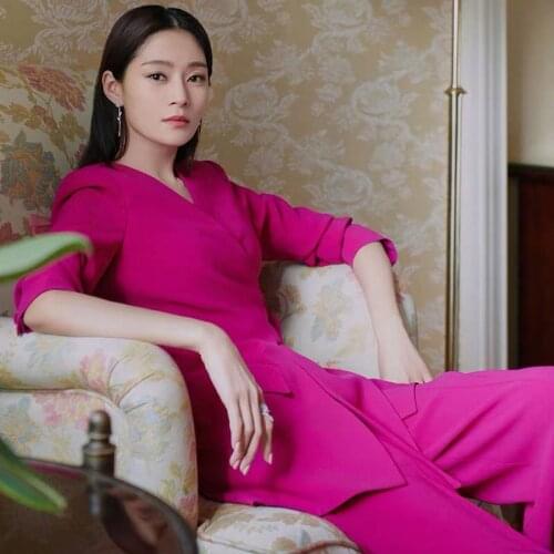 2021 spring autumn office lady pink rose 2 pieces sets blazers with sashes + long pants pant sets