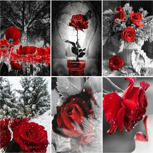 HUACAN 5D DIY Diamond Painting Flower Rose Diamond Embroidery Black And Red Full Square Mosaic Rhinestone Cross Stitch Wall Art