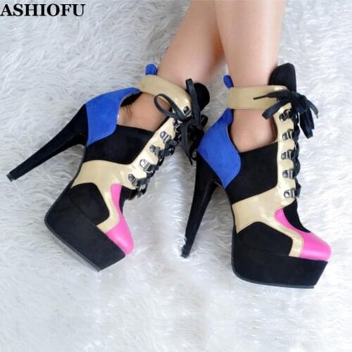 ASHIOFU Handmade New Style Ladies High Heel Boots Patchwork Leather Lace-up Ankle Boots Round-toe Platform Evening Fashion Boots