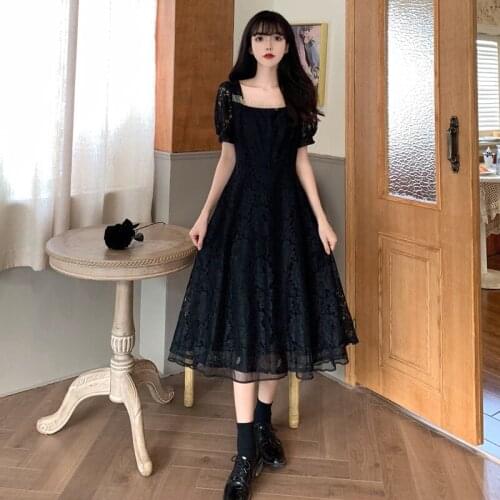 Asian Korean Long Dresses Elegant Vintage Elegant Slim Retro Square Collar Lace Sexy Casual Everyday Party Dress