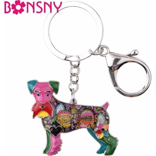 Bonsny Enamel Alloy Schnauzer Terrier Dog Key Chain Keychains Ring Unique Animal Jewelry For Women Girls Bag Car Charms Gift New