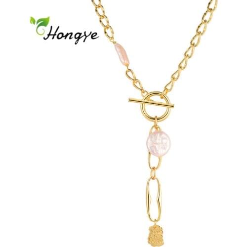 Hongye Irregular Natural Pearls unique Circles Pendant Link Chain for Women Gold Color Choker Short Necklace Trendy Gift