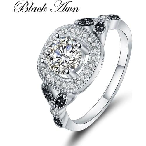[BLACK AWN] 925 Sterling Silver Black Spinel Stone Flower Wedding Rings for Women Fine Jewelry C311