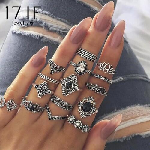 DAXI Fashion Rings Vintage Gothic Ring Set For Women Jewelry Womens Silver Color Rings Set For Women Crystal 15Pcs/Set