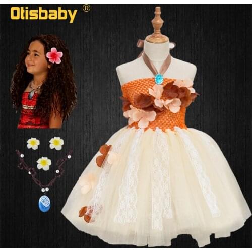 2020 Children Lace Flowers Tulle Fancy Moana Princess Dress for Girls Party Tutu Dress Kids Sling Moana Prom Mesh Vest Dress Wig