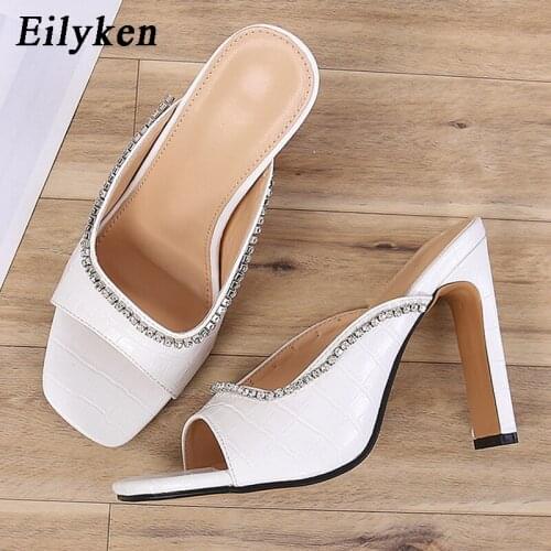 Eilyken Fashion Snake Print PU Leather Slippers Women Outdoor Square Toe Sandals High Heels Summer Ladies Party Dress Shoes
