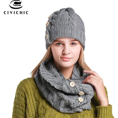 CIVICHIC Woman Elegant Knitted Hat Neck Scarf with Buttons Lady Two Piece Set Solid Thicken Warm Chic Cap Fashion Scarves SH103