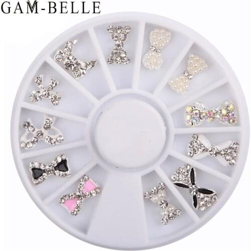 GAM-BELLE 12Pcs/Box Bowknots Nail Rhinestones Crystal Pearl Bow Nail Art Decoration Tips Accessories Cute Manicure Tools