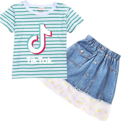 TIK TOK princess T Shirt Kids Cotton Tracksuit Girls Casual Clothes Toddler Girls Short Sleeve Tshirt+denim Shorts 2pcs Set