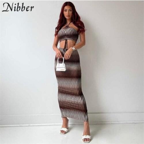 Nibber Fashion Exotic Two-Piece Sets Halterneck Top + Slim Geometric Print Skirt Sexy Female Holiday Party Retro Outfits 2021