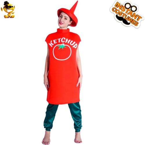 Unisex Adult Cosplay Tomato Sauce Costume Carnival Fancy Dress Yummy Food Ketchup Jumpsuit Halloween Funny Party Mascot Suits