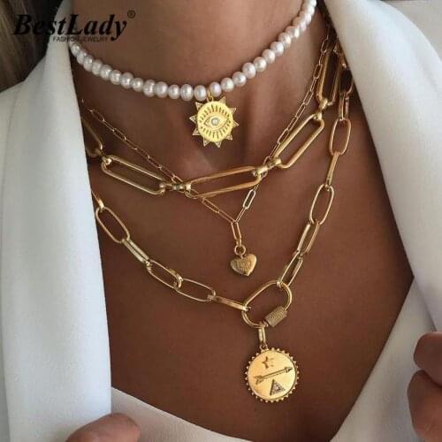 Best Lady Punk Eyes Sun Heart Layer Necklaces for Women Vintage Gold Color Link Chain Pendant Necklaces Fashion Jewelry Party