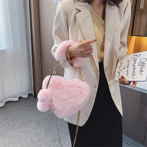 Fashion Women Handbags New Cute Fluffy Fur Crossbody Bags Female Heart Shaped Ladies Phone Shoulder Bag Purse Handbag