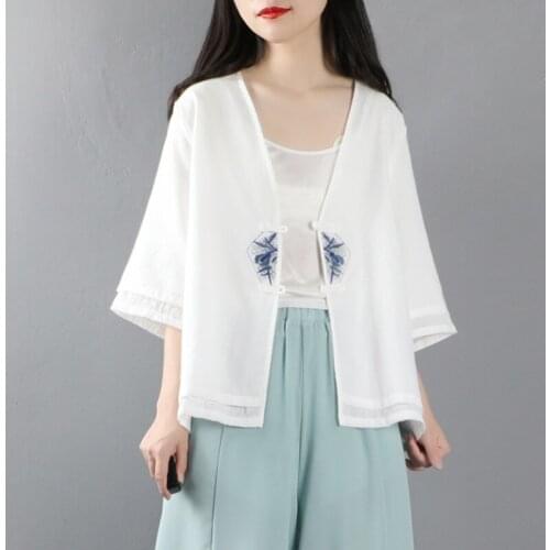 Chinese Style Clothing Women Blouses 2021 Summer Chinese Shirts Tang Suit Top Cotton Hanfu Thin Cardigan Female Clothes 12418