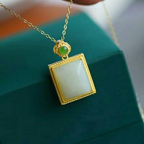 Original Design Lucky Pendant Hetian Square White Jade Pendant S925 Sterling Silver Necklace Womens Simple and High-End Clavicl