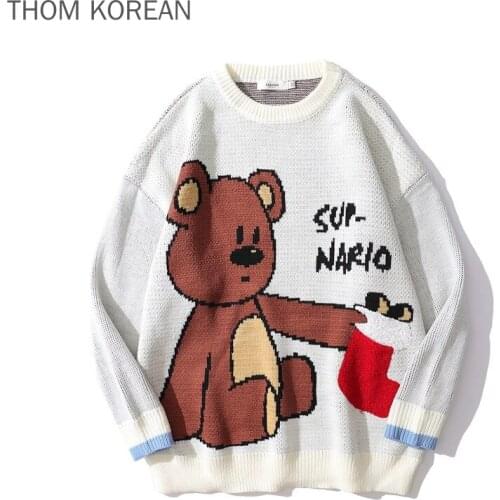 2021 Autumn Women Men Long Sleeve Seater Cartoon Bear O-Neck Casual Knitted Shirt Women Blouse Pullover Oversize Couple Wear