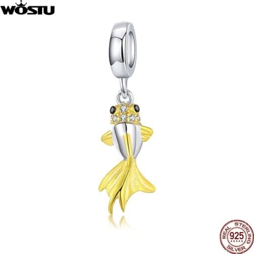 WOSTU Authentic 925 Sterling Silver Golden Koi Charms Fit Original Bracelet Pendant Zircon Beads Trendy 925 Jewelry Gift CTC127