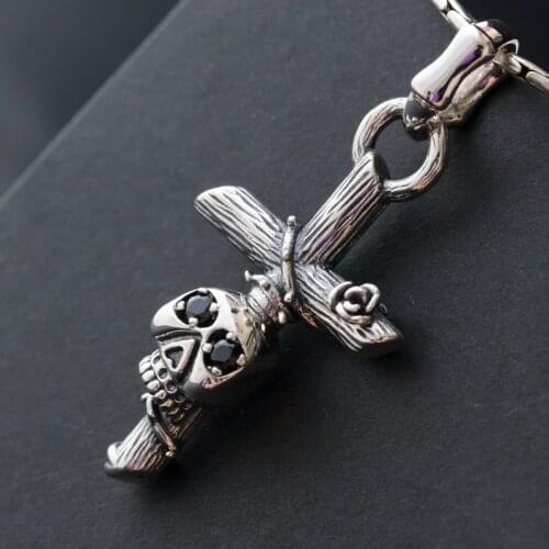 S925 sterling silver cross pendant Zirconium with black skulls Thai silver pendant
