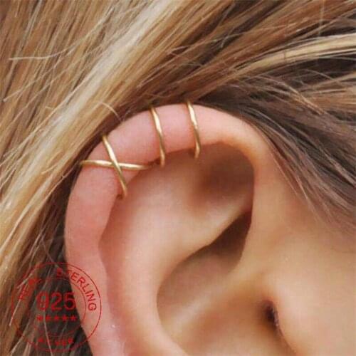 Simple Gold Double Line Cross Ear Cuff For Women Without Piercing Earrings Real 925 Silver Fashion Punk Party Jewelry Ear Clips