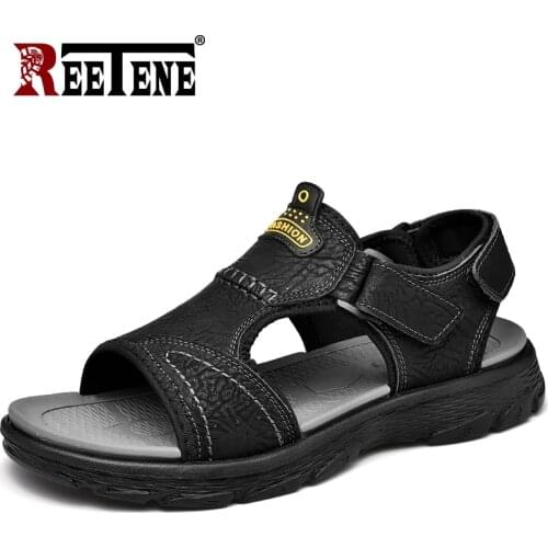 REETENE Summer Leather Men Sandals Outdoor Beach Sandals Men Big Size 38-47 Sandals Male High Quality Soft Sole Sandals For Men
