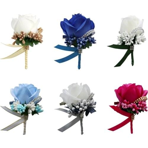 Silk Rose Boutonniere Corsage Classic Artificial Groom Flowers Brooch with Pin and Clip for Wedding Prom Party