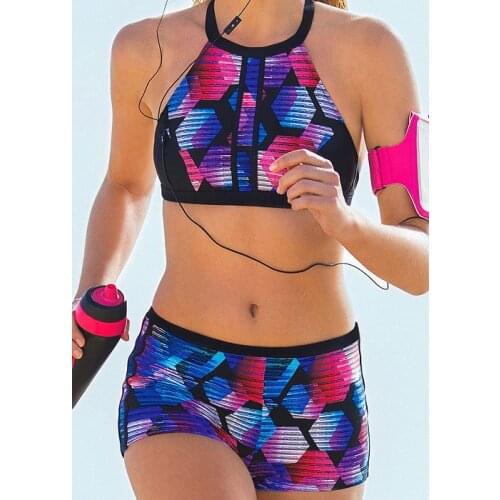 Sporty High Neck Bikini Set Cropped Top Swimwear Printed Push Up Short Swimming Suit For Women 2019 Bathers Beach Wear Biquinis