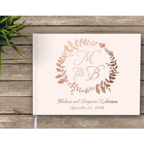 Wedding Guest Book with Monogram, Rose Foil, Floral Wreath, Blush, Garden Wedding Guestbook, Custom Modern Wedding Guest Book