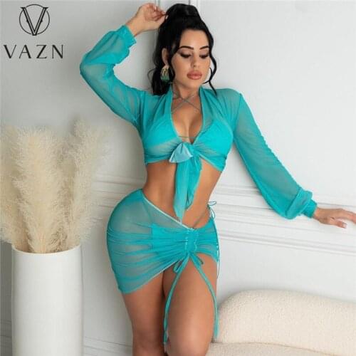 VAZN 2021 Summer Casual Transparent Mesh Fabric Suits 4 Piece Set Bikini Beach 4 Piece Set Women Top And Pant