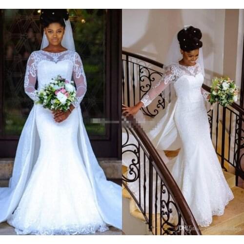Vintage Lace Mermaid Wedding Dresses Bateau Long Sleeves Over Skirt African Bridal Dresses Floor Length Mermaid Wedding Gown