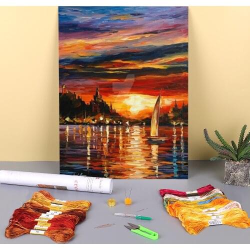 Castle By The Sea Printed Water-Soluble Canvas 11CT Cross Stitch Complete Kit Embroidery DMC Threads Needlework Decor