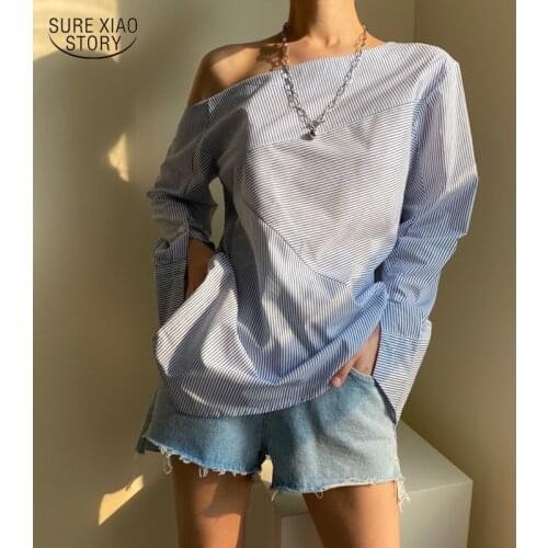 2021 Elegant Gentle Pure Womens Blouse Autumn Strapless Blue Black Pink Striped Shirt Women Long Sleeve Retro Female Top 15846