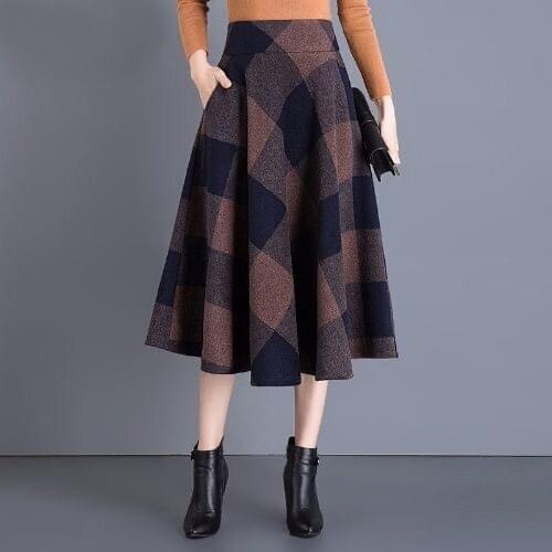 Autumn Winter 2021 New Printed Plaid Womens Long Skirt Loose Large High Waist Girls' Versatile A-line Large Swing Skirt Blue