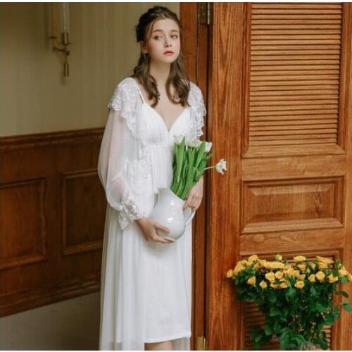 Emale Night Dress Modal Sexy Sleeping Skirt Long Sleeve Lace Sleepwear Plus Size Women Night Gown 2-piece Set