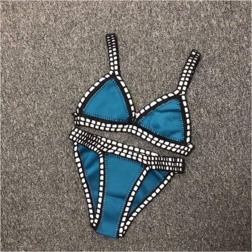 Women Sexy Swimwear with Elastic Swimsuit Handmade Crochet Blue Color Bikini Sets