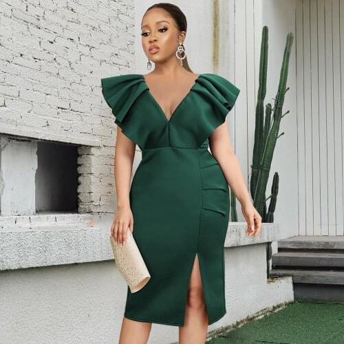 Women Summer Dress Ruffle Bodycon Dress 2021 Green V Neck Plus Size Dress Sexy Elegant Prom Wedding Evening Party Dress 4XL 5XL