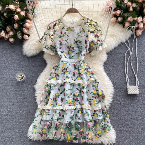 Korobov Japanese Sweet Flower Embroidery Women Dress Korean Mesh Lace Patchwork O Neck Puff Sleeve Party Night Dresses