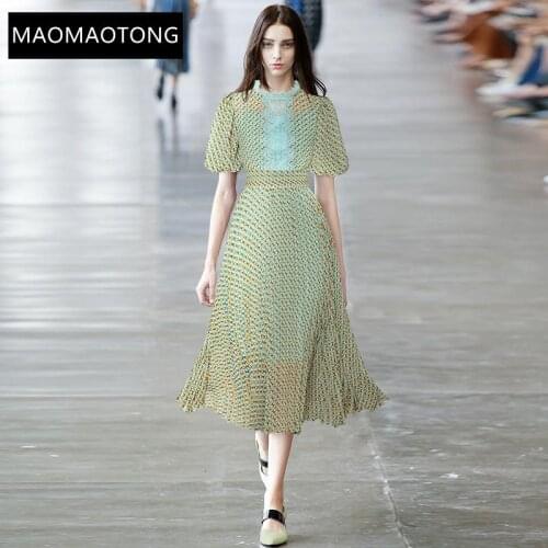 Fashion Runway Summer Chiffon Dress Womens Round Neck Lace Splicing Puff Sleeve Print Vintage Midi Dress