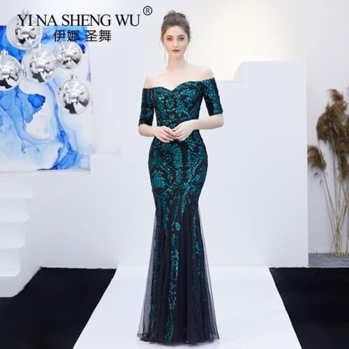 Green Leaf Sequined Off Shoulder Evening Long Dresses Luxury Sexy Robe De Soiree Mermaid Party Dress Elegant Clubwear