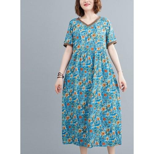 2021 New Arrival Short Sleeve Loose Summer Dress Print Floral Linen Cotton Prairie Chic Vintage Dress WOmen Casual Long Dress