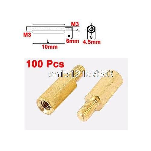 100pcs M3 Male 6mm x M3 Female 10mm Brass Hex Standoff Spacer for PCB Board