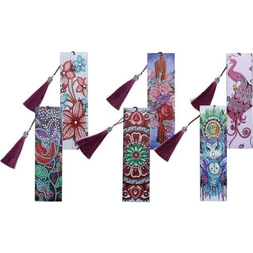 6Pcs Diamond Painting Bookmarks Handmade Beaded Bookmarks with Tassel Flowers 5D Rhinestone Bookmarks DIY Art Craft Set