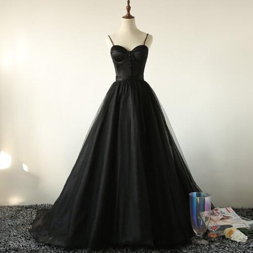 Black Sexy Evening Dress Strapless Spaghetti Strap Lace Up Backless A-Line Floor-Length Sleeveless Party Formal Gown Woman B468