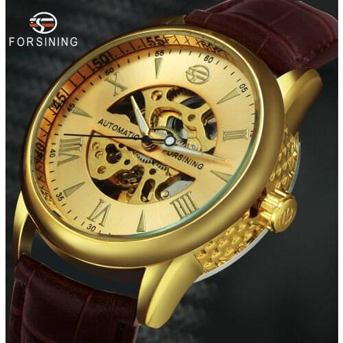 FORSINING Luxury Golden Men Mechanical Watches Luminous Hands Skeleton Roman Numerals Dial Automatic Wristwatches Leather Band