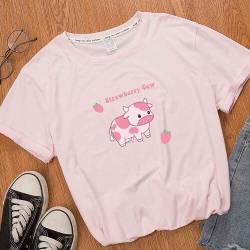 Strawberry Cow T Shirt Graphic Tees Kawaii Clothes Summer Short Sleeve Tops Letter Print Cute Tops for Teen Girls Aesthetic Tee