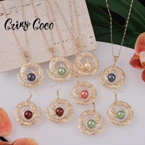 Hawaiian New Fashion Jewelry Sets Pearl Gold Polynesian Pendant Necklaces Earring Set Wholesale for Women Wedding